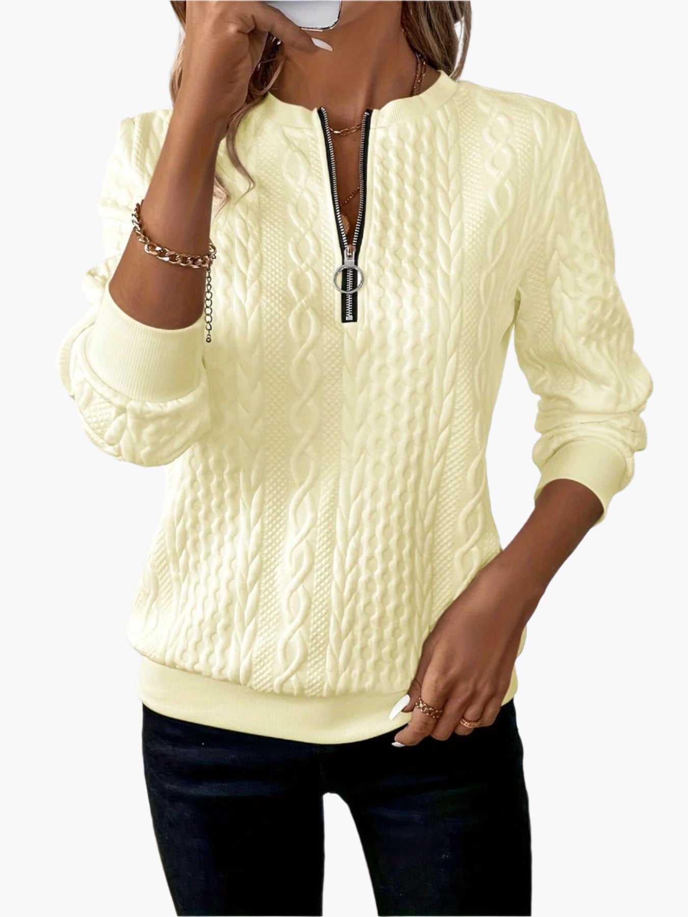 Women's Casual Elegant Cable Knit Pullover with Zipper – Ideal for Autumn and Winter