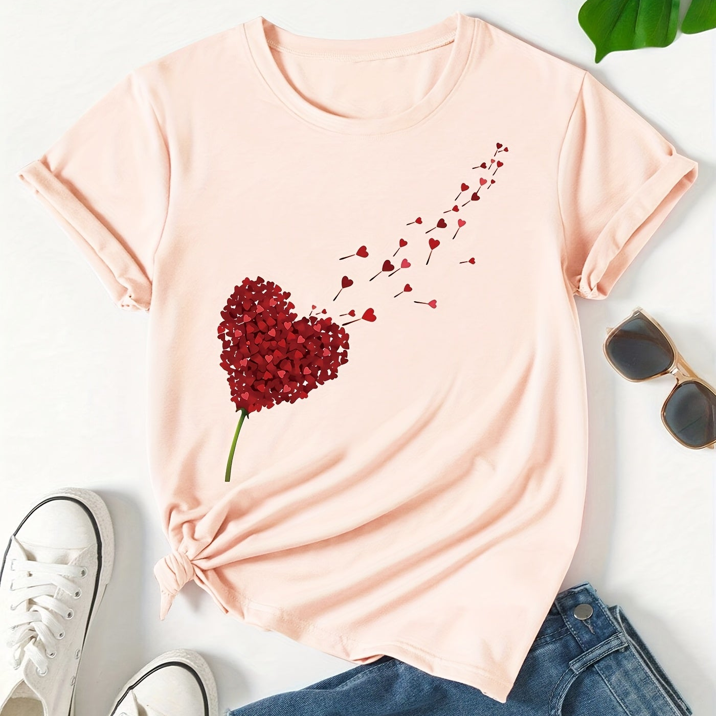 T-shirt Femme Style Décontracté Imprimé Cœur Volant pour Look Estival et Moderne