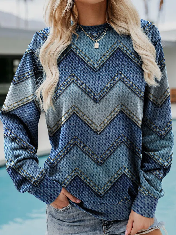 Sudadera de mujer de corte holgado, con estampado de espiga efecto denim, mangas largas y cuello redondo