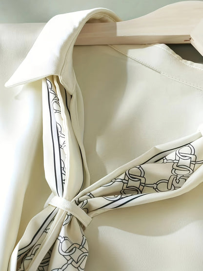 Elegant short-sleeve blouse with collar and scarf for women – Casual chic style