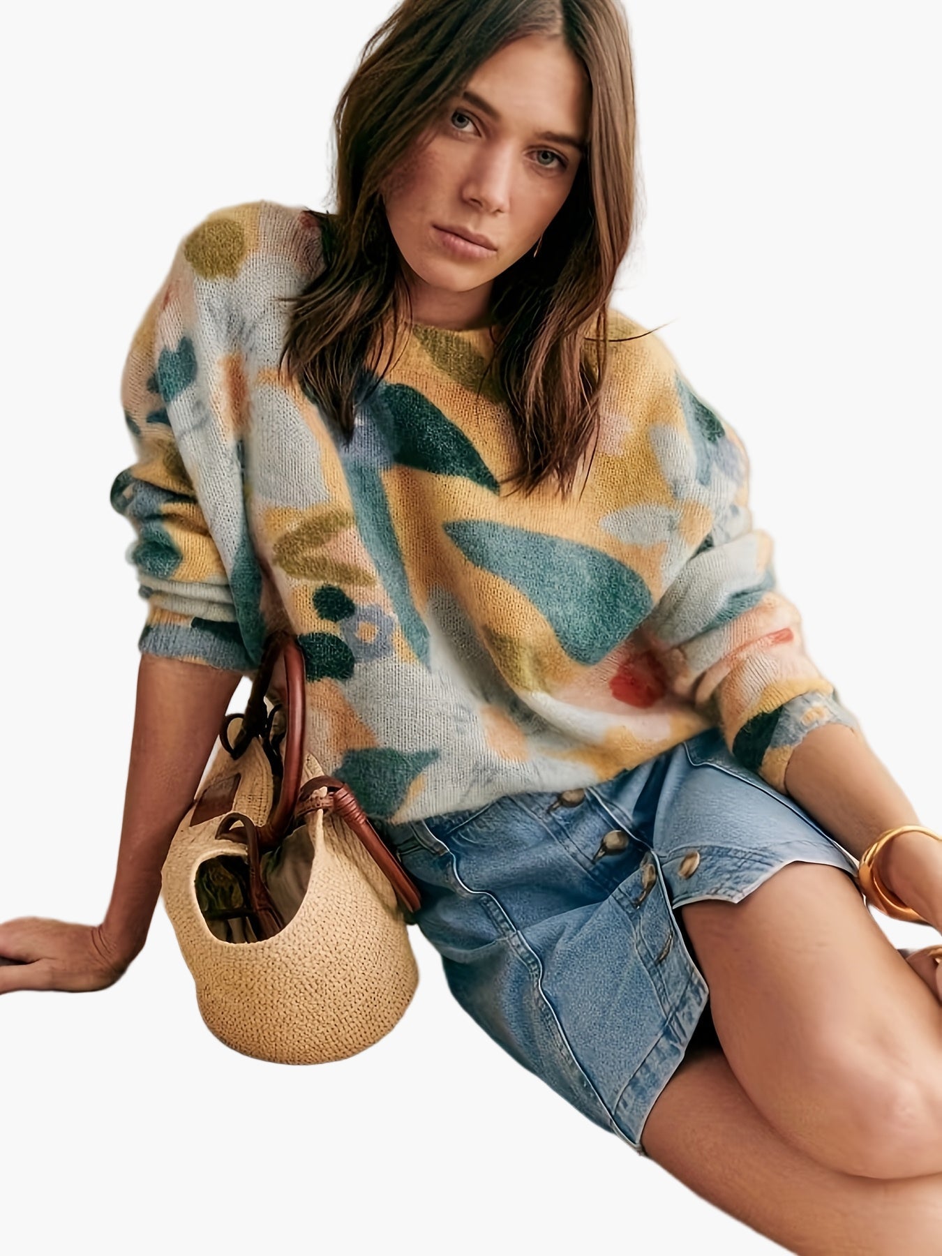 Pull para mujer elegante estilo artístico para otoño/invierno - motivo floral abstracto, corte moderno