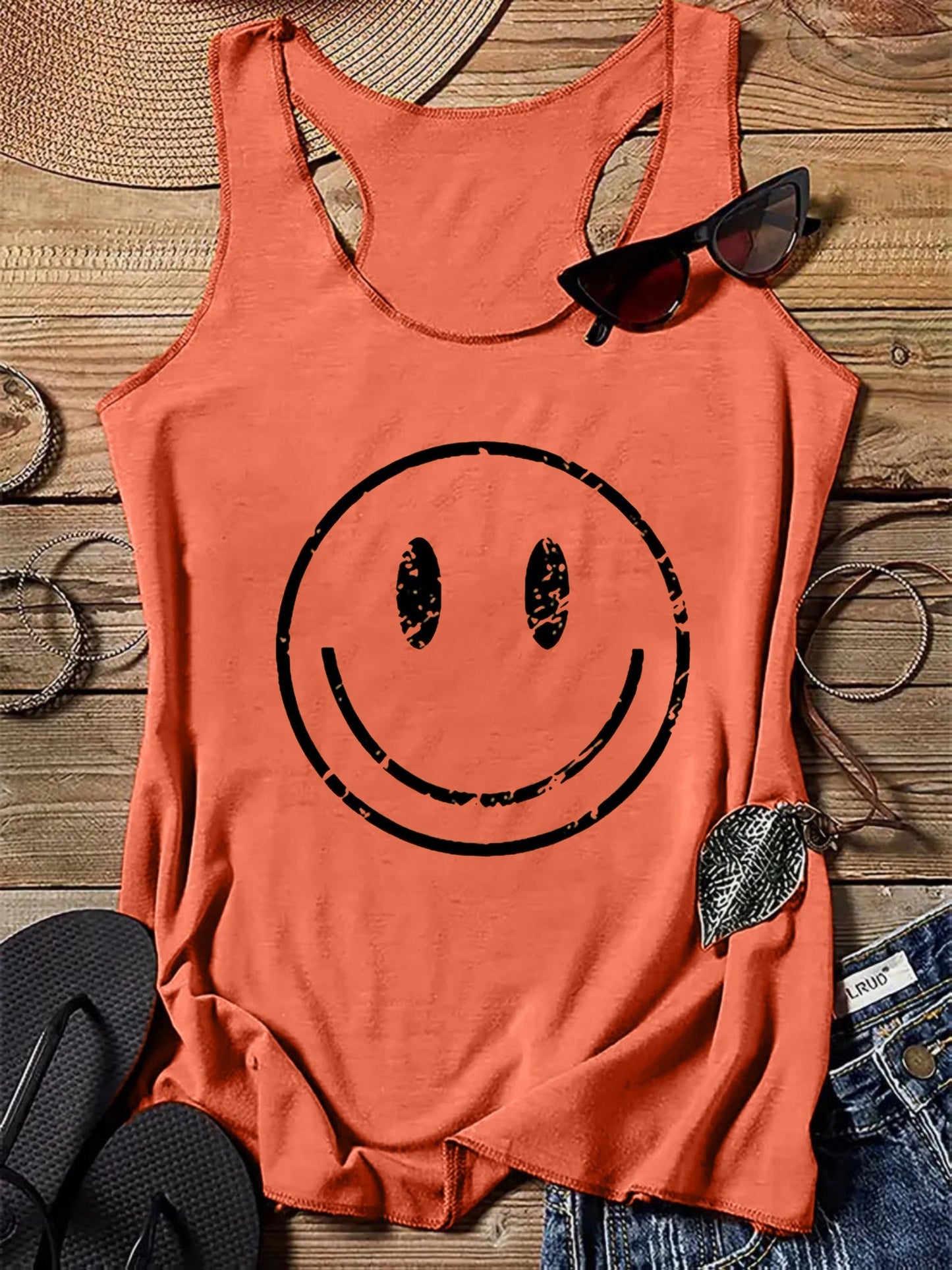 Top casual da donna con stampa smiley, stile estivo, ideale per il tempo libero