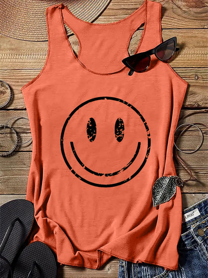Top casual da donna con stampa smiley, stile estivo, ideale per il tempo libero