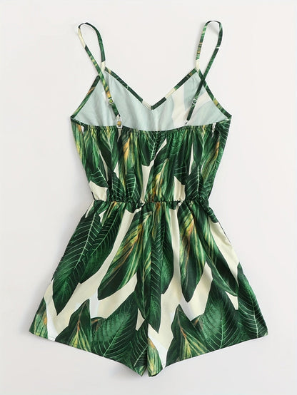 Tuta corta estiva con motivo tropicale da donna, stile vacanze, casual e chic