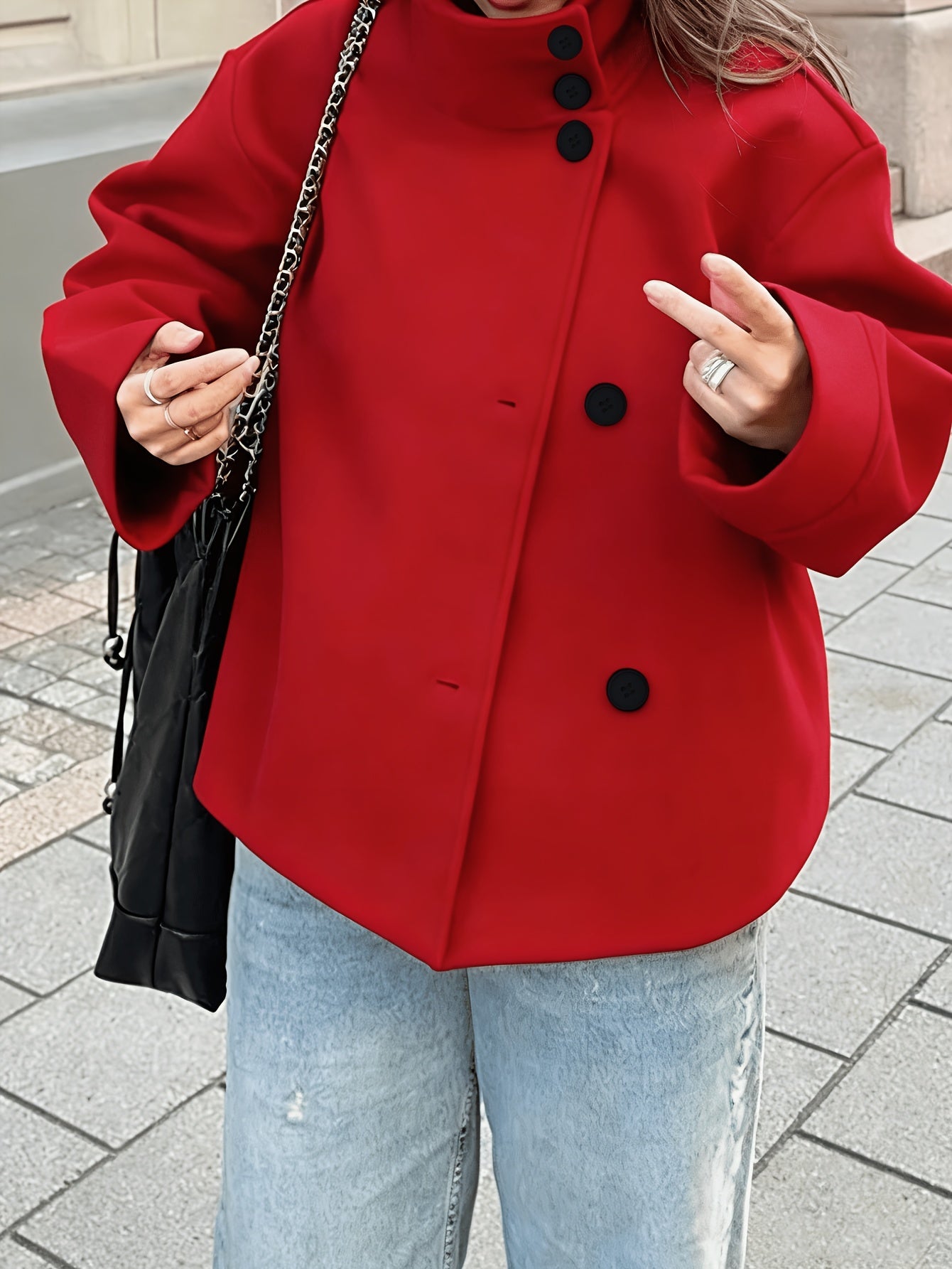 Veste courte femme col montant boutonnée décontractée couleur unie