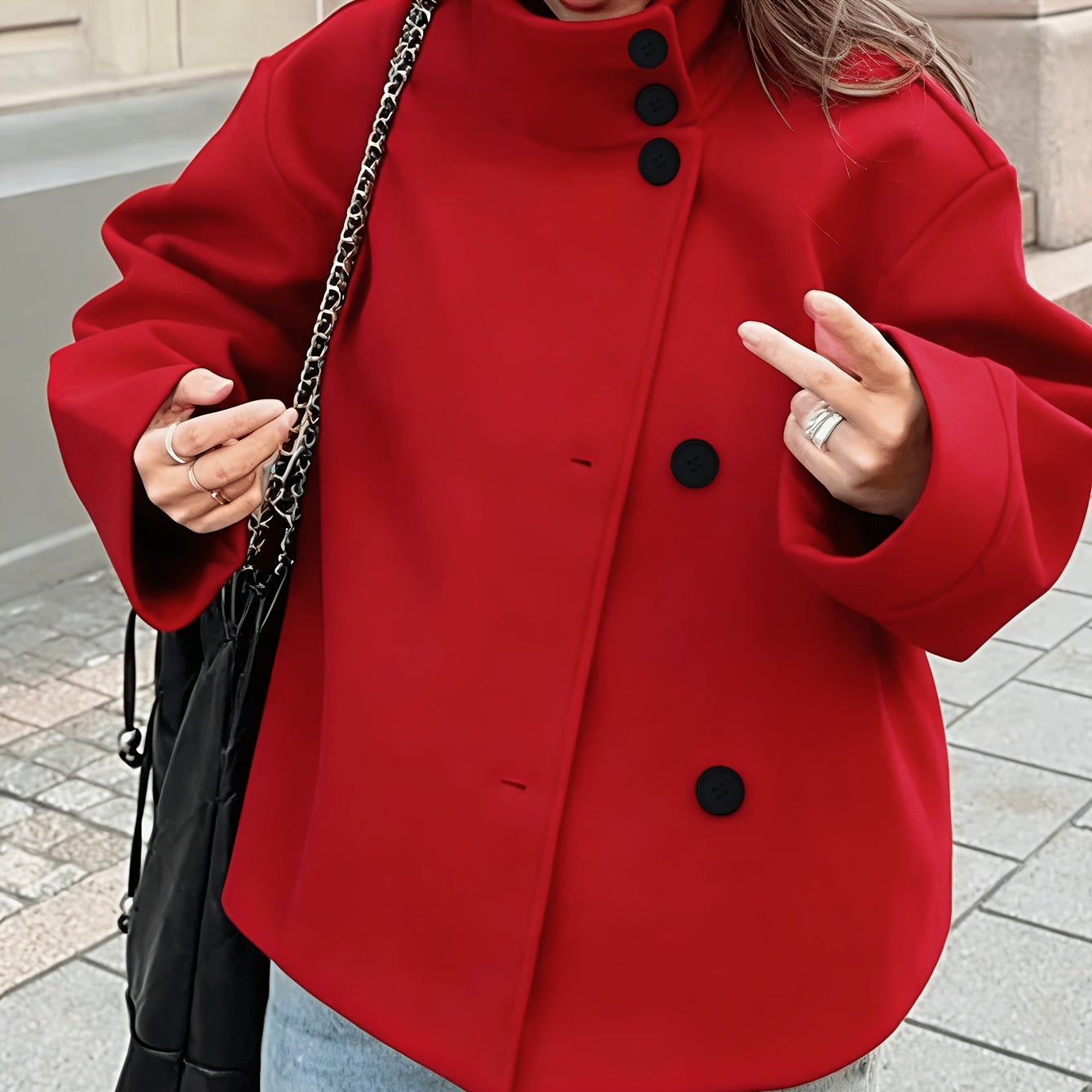 Veste courte femme col montant boutonnée décontractée couleur unie