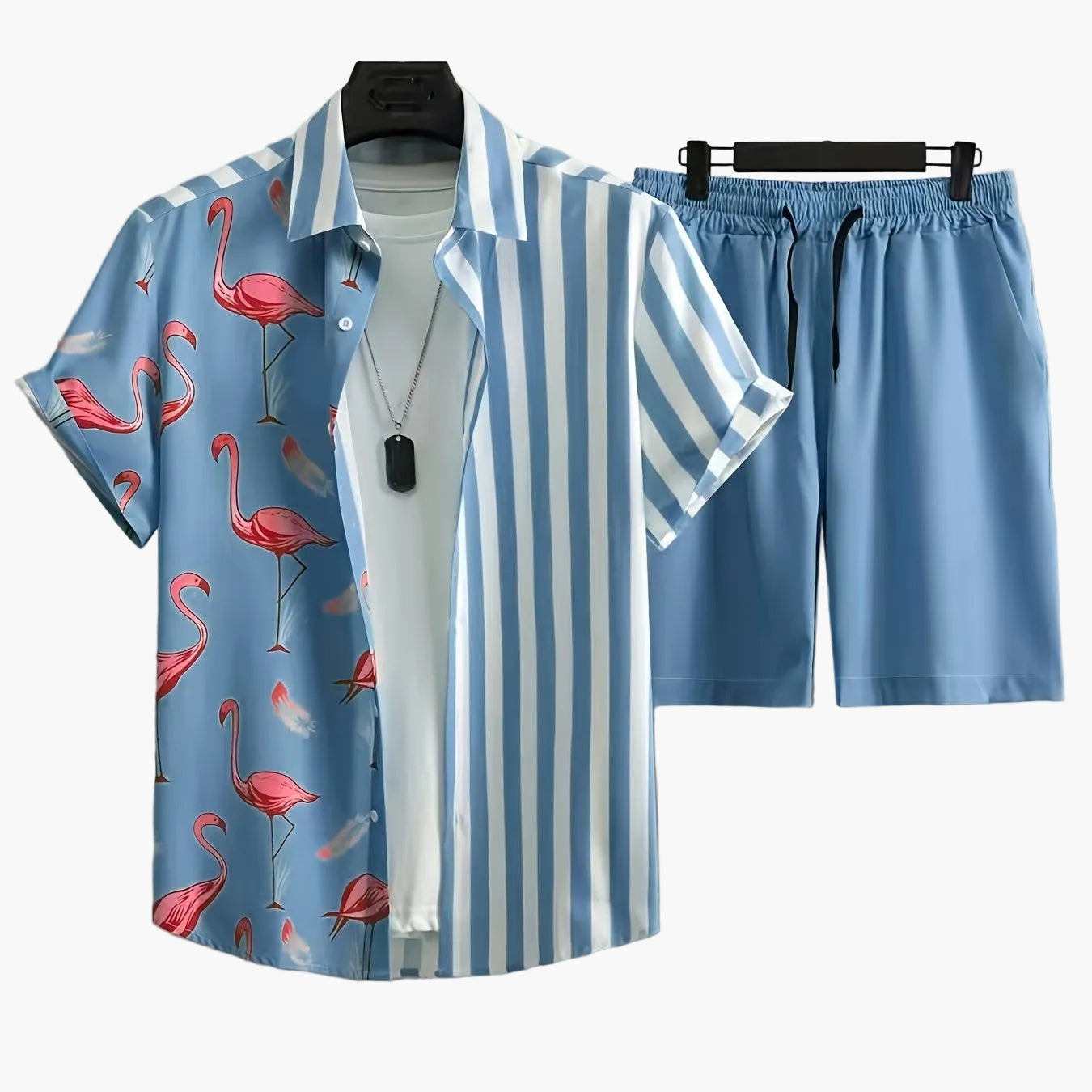 Completo casual uomo stile vacanze, motivo fenicotteri rosa e righe, ideale per estate e tempo libero