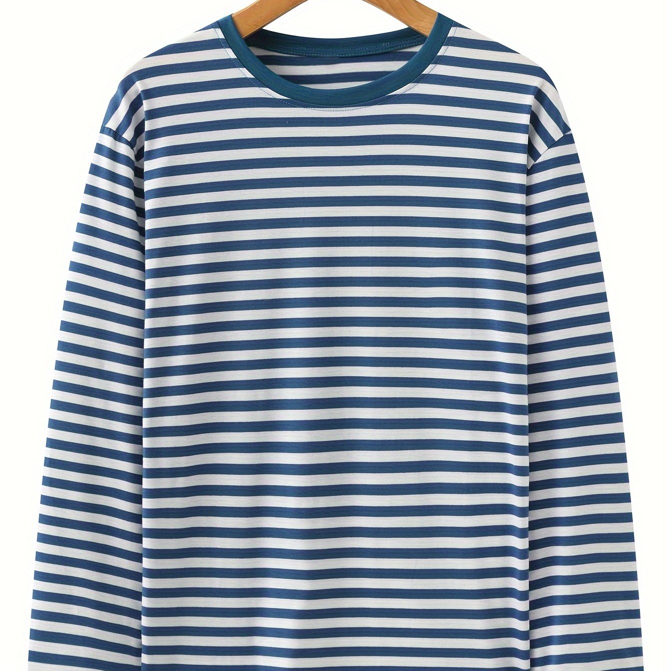 T-shirt à manches longues rayé col rond bleu et blanc pour homme