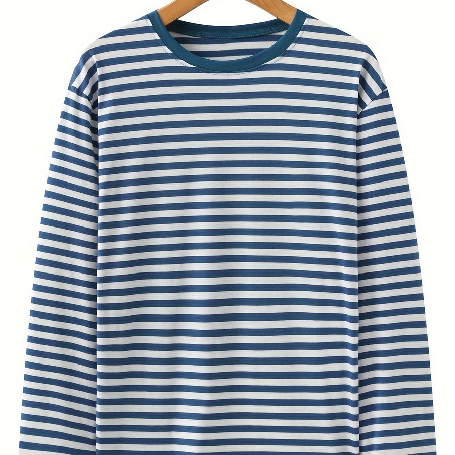 Blå og hvidstribet langærmet T-shirt med rund hals til mænd