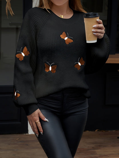 Pull femme tricoté papillons brodés manches longues - Blanc ou Noir