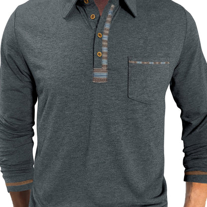 Polo Homme Manches Longues Détails Ethniques Boutons Beige