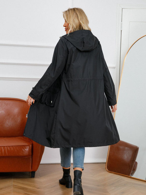Impermeabile lungo da donna con cappuccio, tinta unita e coulisse
