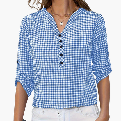 Lässige Damenbluse mit Karomuster, schicker Alltagsstil, hochgekrempelte Ärmel, V-Ausschnitt  