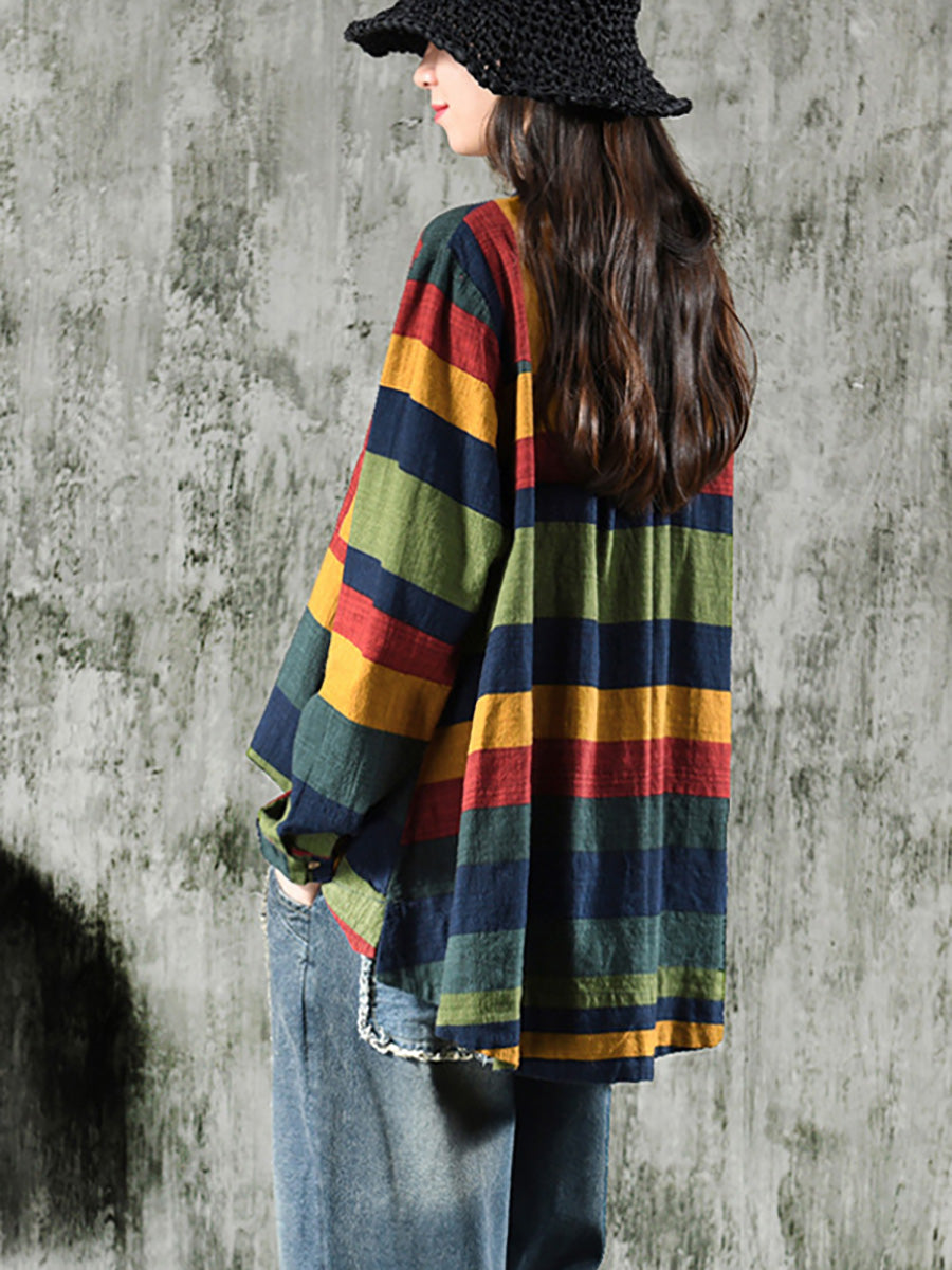 Camicia informale da donna a righe stile ampio con collo alla coreana per la primavera