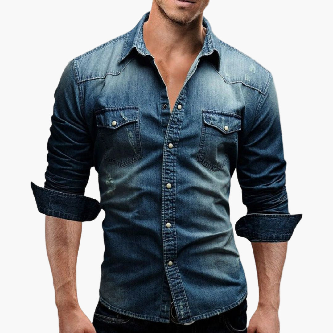 Western-Herrenhemd im Denim-Stil mit Druckknöpfen – Trendige Freizeitmode
