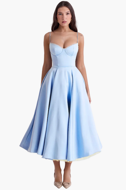 Robe de soirée élégante femme style princesse bustier jupe midi évasée