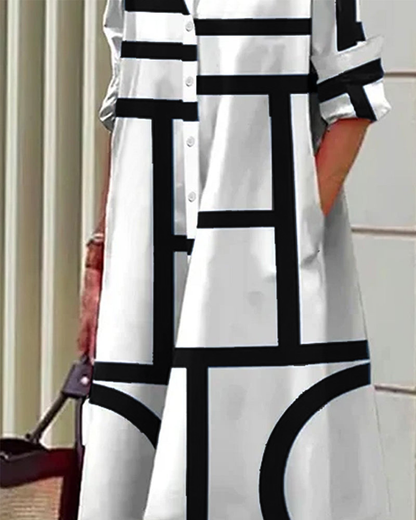 Damska sukienka koszulowa o luźnym kroju z geometrycznym nadrukiem i kieszeniami, styl casual chic