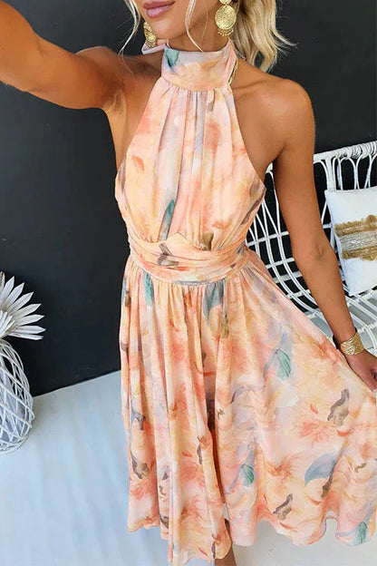 Robe longue d'été femme – style maxi élégant à imprimé artistique, col halter, idéale pour occasions spéciales