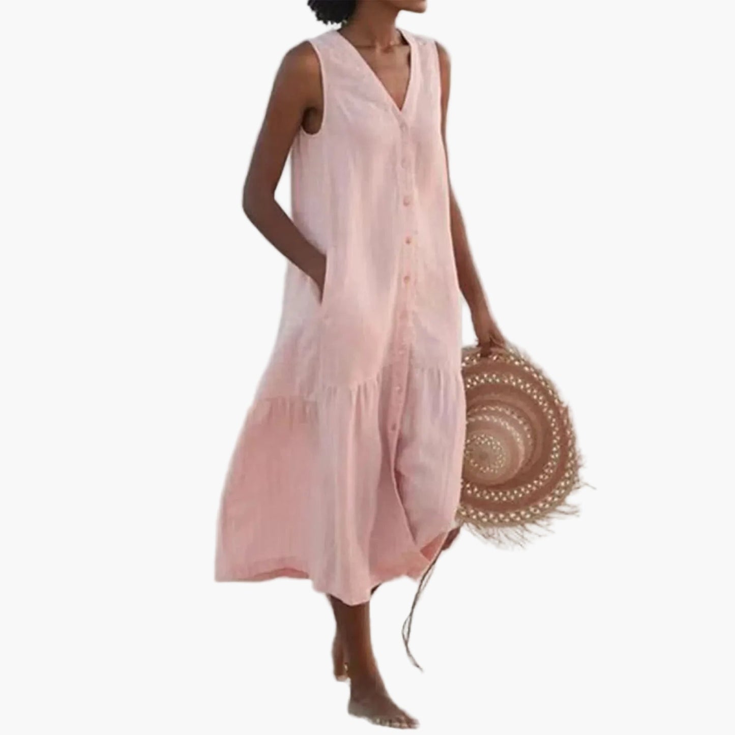 Robe d'Été Décontractée Femme Sans Manches Boutonnée, Style Plage et Vacances