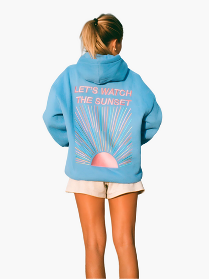 Felpa con Cappuccio Oversize Donna Stile Casual Messaggio 'Let's Watch the Sunset' Ideale per Spiaggia e Tempo Libero