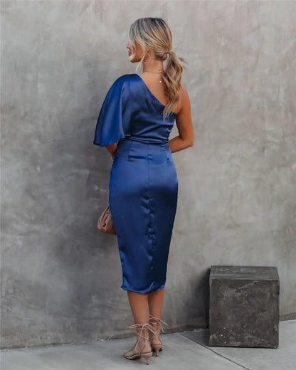 Robe midi asymétrique de soirée pour femme, style drapé élégant, usage événementiel et cocktail