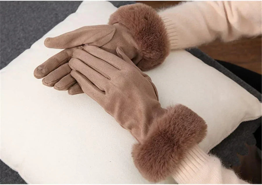 Gants Femme Hiver Aspect Suédé avec Bordure Fausse Fourrure Rose Poudré