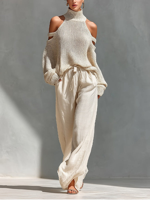 Damen-Strickpullover mit Stehkragen und freien Schultern