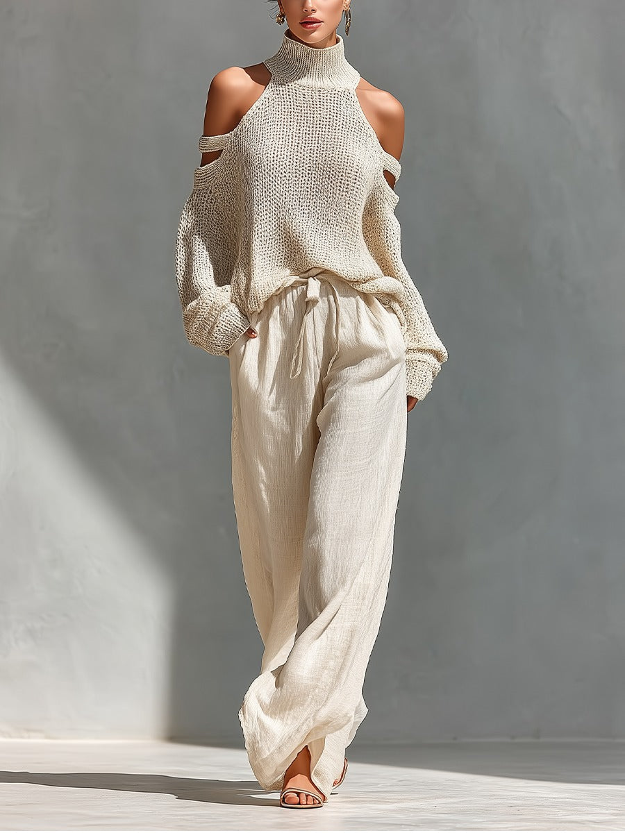 Damen-Strickpullover mit Stehkragen und freien Schultern