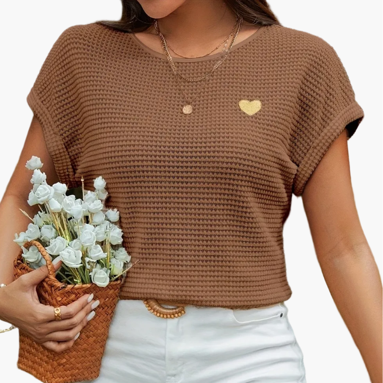 Elegant top til kvinder med hjerteprint til sommer, korte ærmer, til afslappet eller smart brug