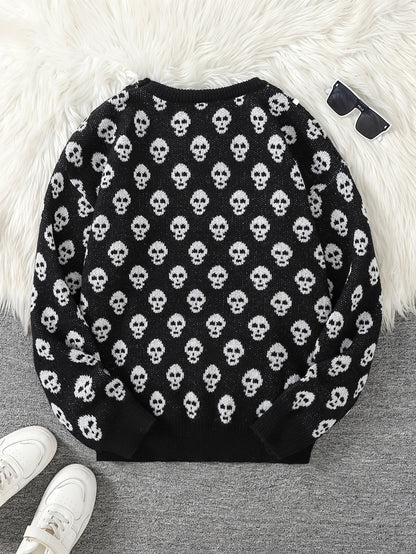 Pull col rond à motif têtes de mort en tricot doux