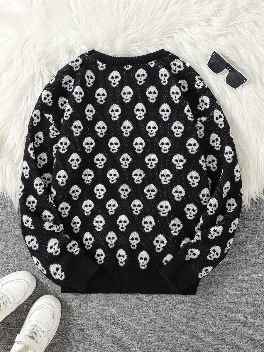 Weicher Rundhalspullover mit Totenkopfstrickmuster