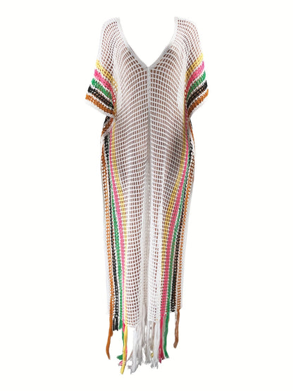 Boho-Strandkleid für Damen mit Lochmaschen und Fransen – Kaftan-Urlaubsstil