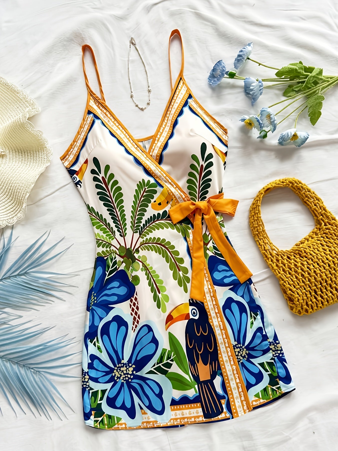 Abito portefeuille tropicale donna stile vacanze con stampa floreale e pappagallo