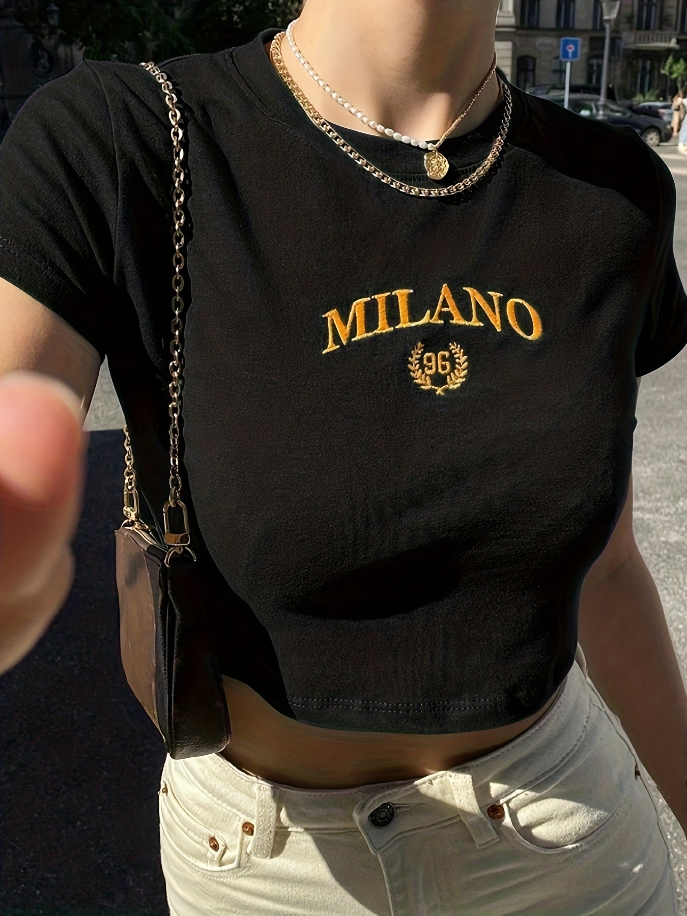 T-shirt court femme style Y2K Milano brodé, tendance été, manches courtes, col rond