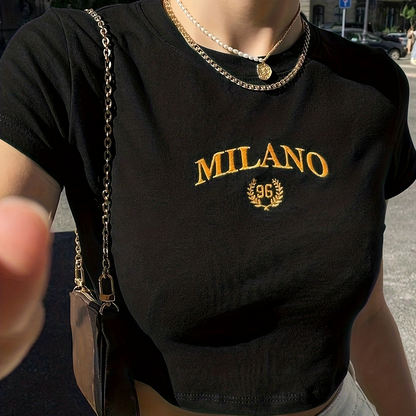 T-shirt court femme style Y2K Milano brodé, tendance été, manches courtes, col rond