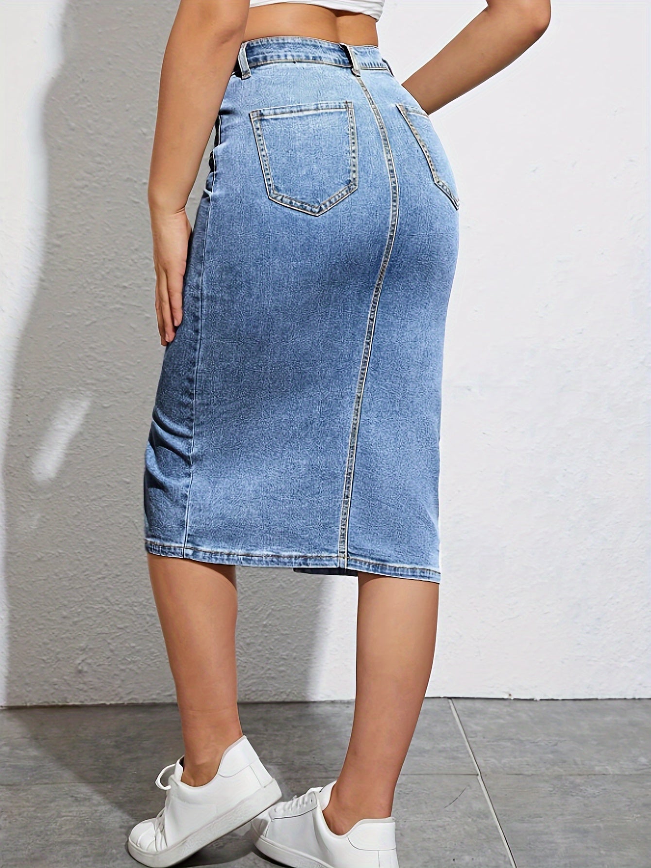 Højhalset pencilskørt med slids til kvinder, casual chic stil, ideel til sommeren
