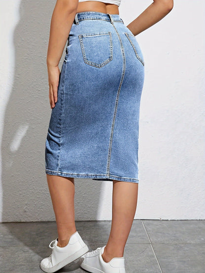 Højhalset pencilskørt med slids til kvinder, casual chic stil, ideel til sommeren