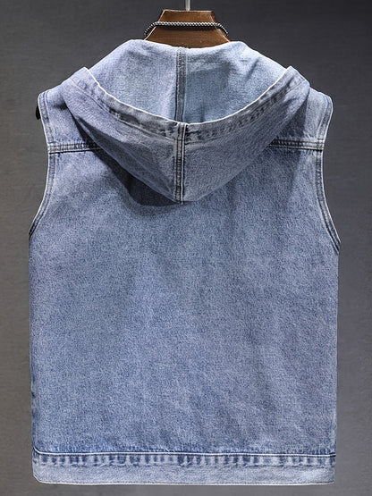 Veste sans manches à capuche pour homme en denim noir délavé