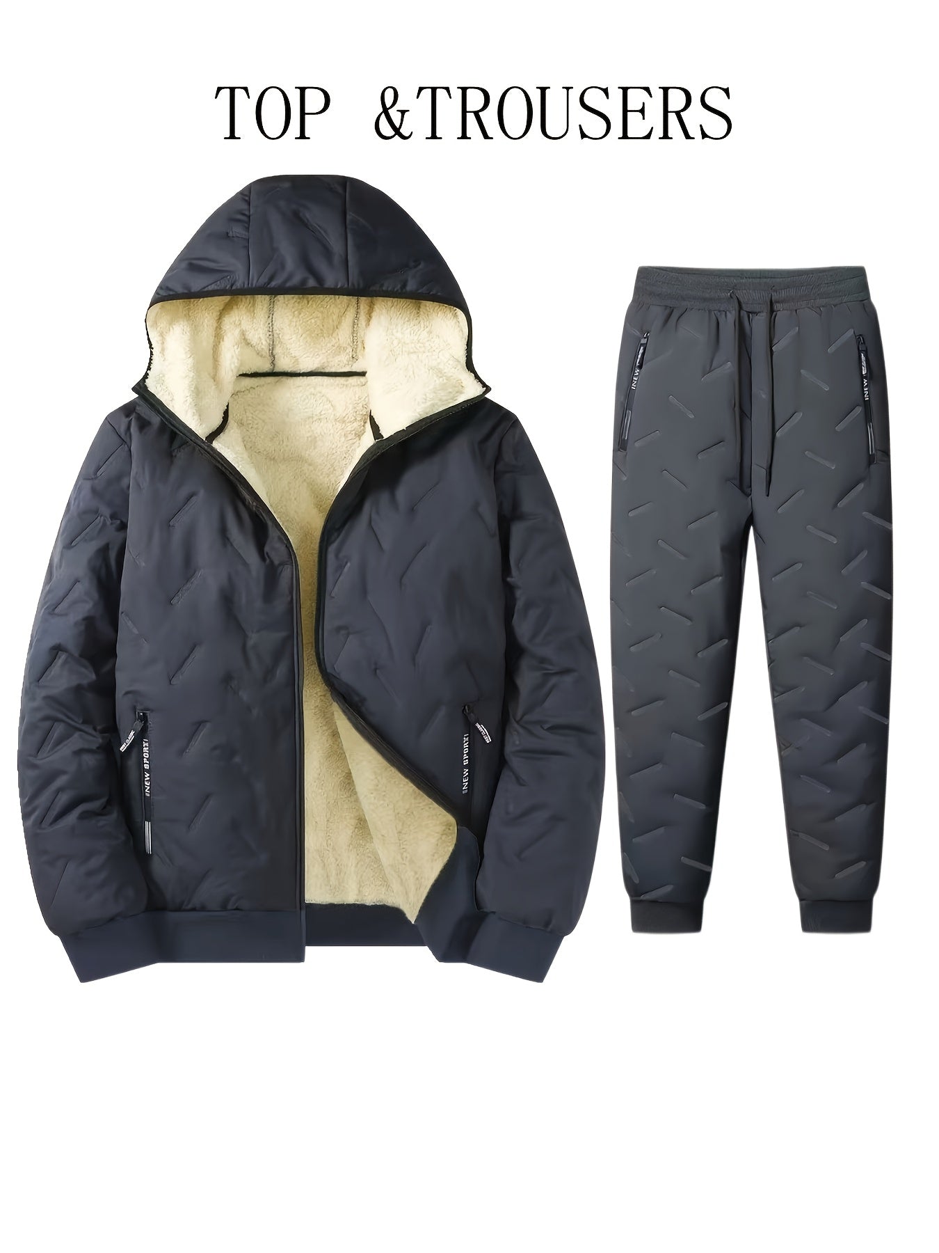 Ensemble Homme Hiver Matelassé Doublure Douce à Capuche - Veste Zippée et Pantalon Jogging