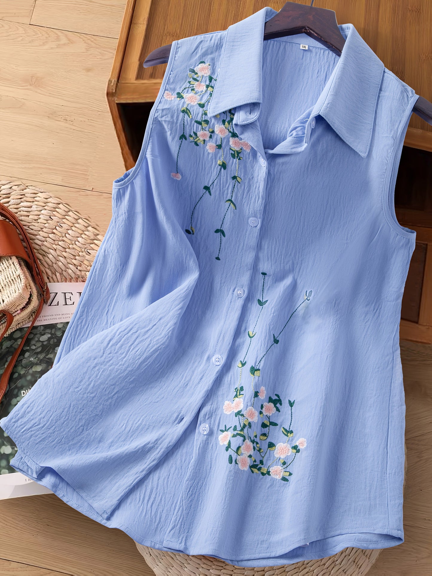 Chemisier sans manches femme style élégant avec broderie florale - Usage quotidien ou bureau