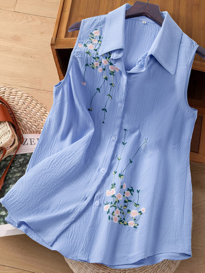 Chemisier sans manches femme style élégant avec broderie florale - Usage quotidien ou bureau
