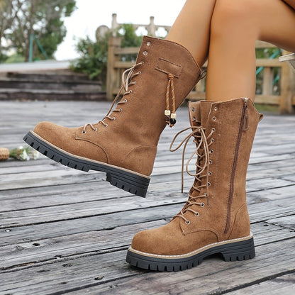Bottes hautes camel lacées avec fermeture éclair latérale et semelle crantée pour femme
