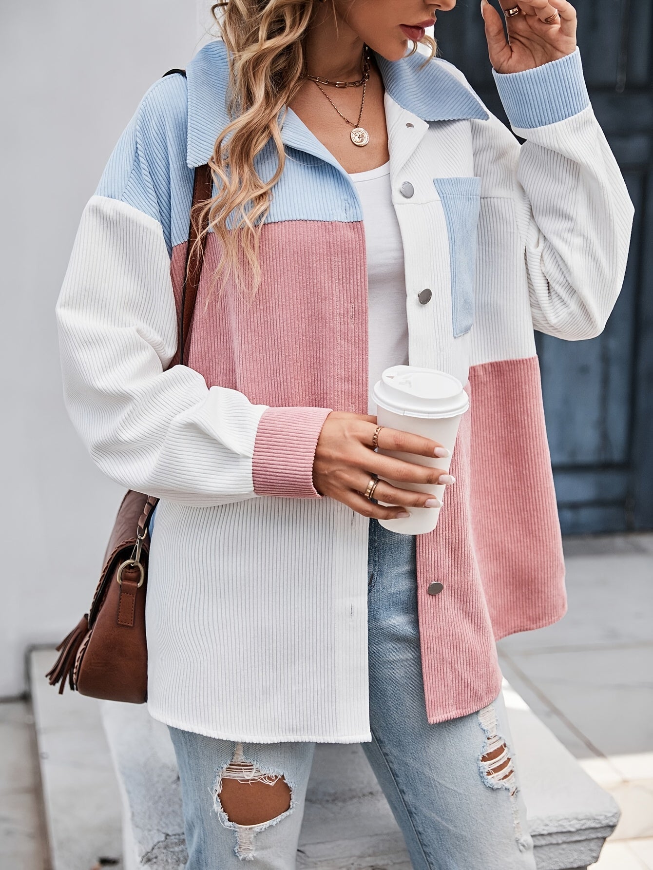 Veste Chemise Femme Blocs de Couleurs Velours Côtelé Boutons Col Chemise Manches Longues