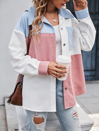 Veste Chemise Femme Blocs de Couleurs Velours Côtelé Boutons Col Chemise Manches Longues