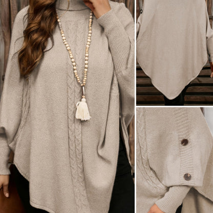 Pull poncho en tricot à col roulé et tresses avec boutons décoratifs pour femme