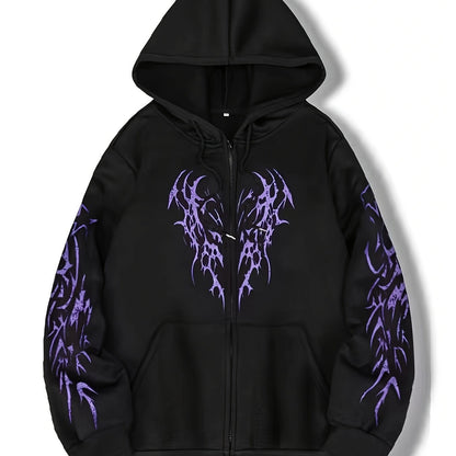 Sweat à capuche zippé noir avec motif tribal rouge manches longues