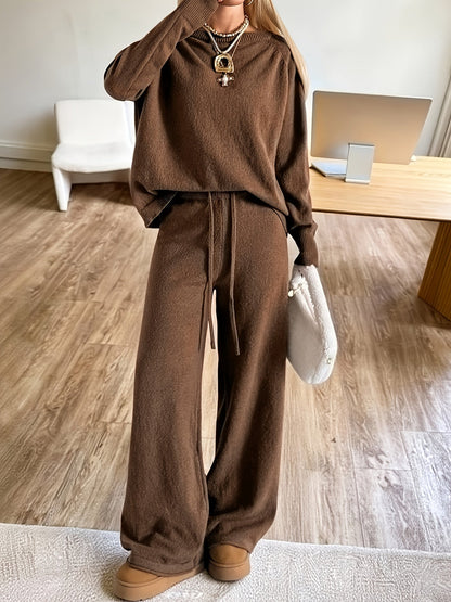Ensemble Femme Pull et Pantalon Large Marron Tricot Décontracté Manches Longues Col Rond