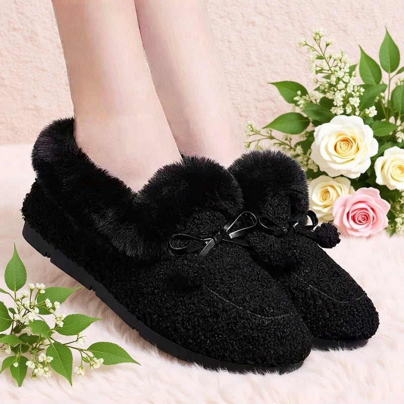 Mocassins Femme Doux et Chauds Noirs avec Nœuds Décoratifs