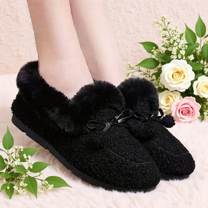 Mocassins Femme Doux et Chauds Noirs avec Nœuds Décoratifs