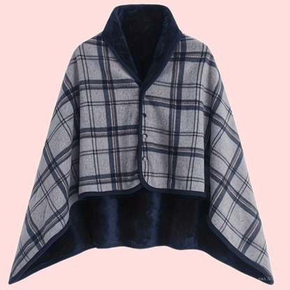 Women's Plaid Snap Button Fleece Lined Poncho Cape